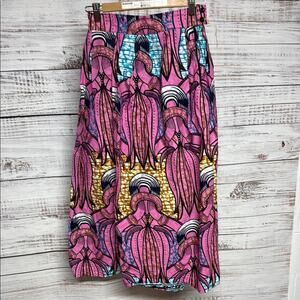Multicolored African Print Pleated A-line Midi Skirt with pockets